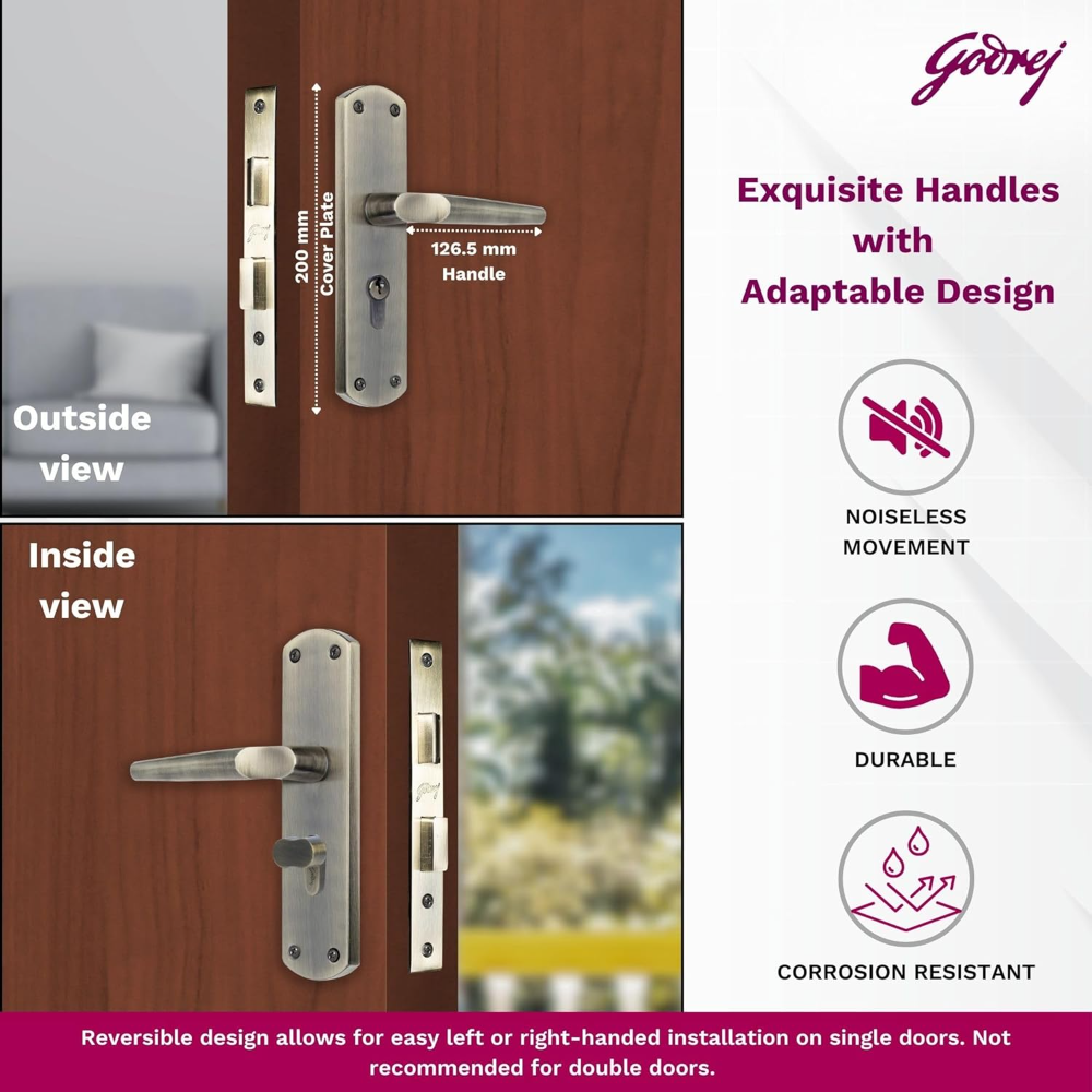 Godrej Mortise Lock I Handle Set 1CK EM01 I Antique Brass Finish I 6-Lever Lock I 3 Keys I Double Throw I 5